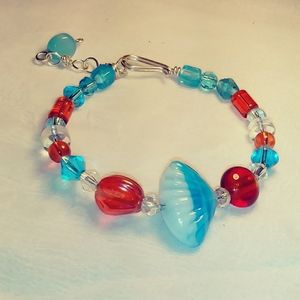 Beaded bangle bracelet (#18, tourquise & orange)